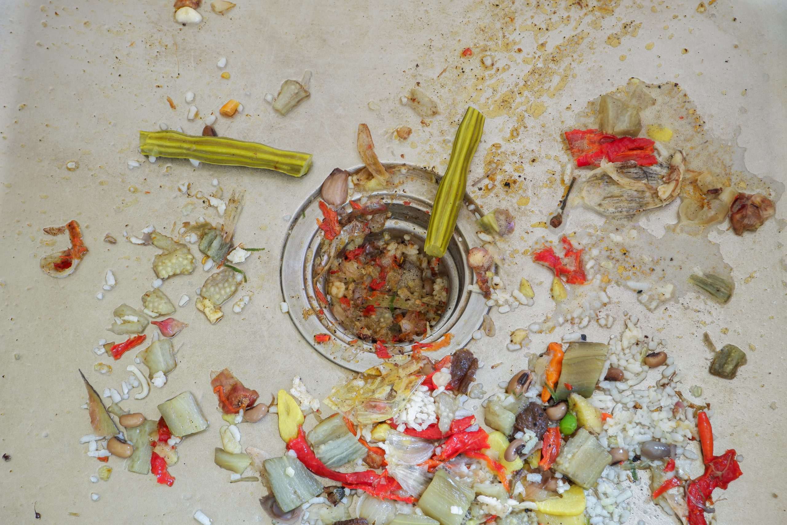 An image of food clogging a garbage disposal.